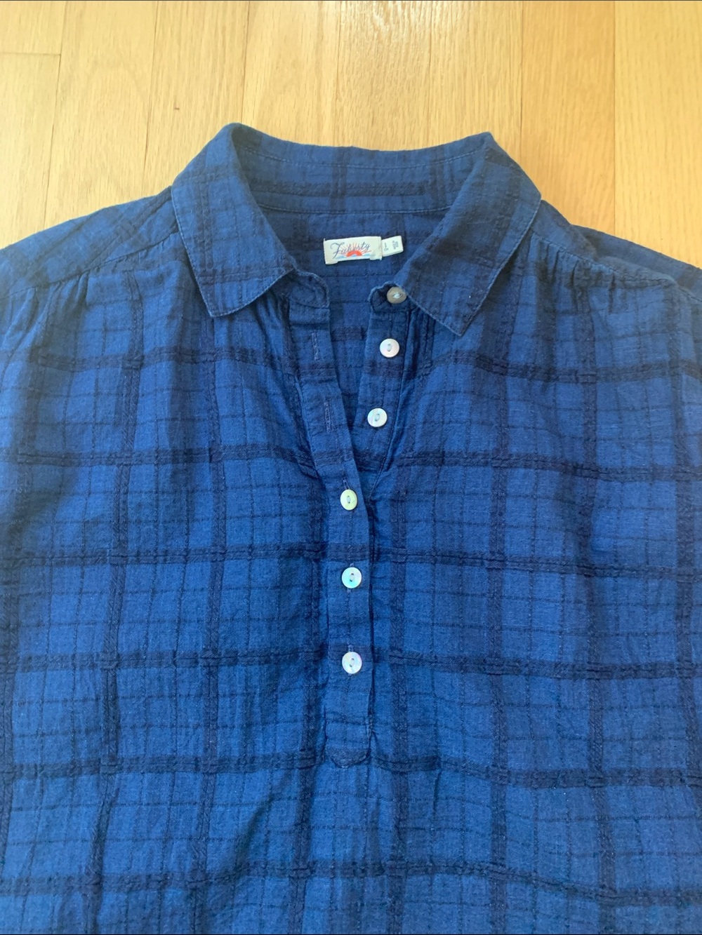 Faherty Olli Organic Cotton Indigo Dyed  Windowpane Henley Shirt Navy Blue Small - Picture 2 of 9